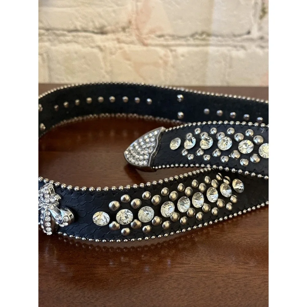 Women's Black Rhinestone Leather Belt size S/M Western Style Black Belt Bling